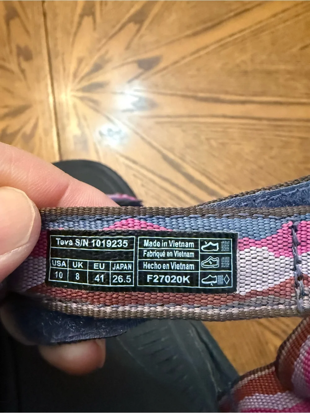 Teva Black Sandal with Pink and Gray Patterned Straps